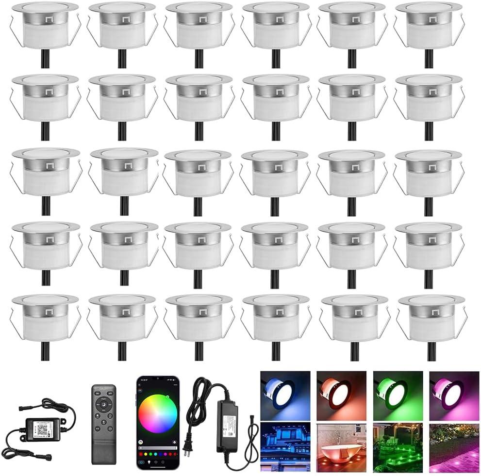 LED Deck Lights Kit, 30pcs 1.22 WiFi Wireless Smart Phone Control Low Voltage Recessed RGB Lamp In-ground Lighting Waterproof Outdoor Yard Path Stair Landscape Decor, Fit for Alexa,Google Home