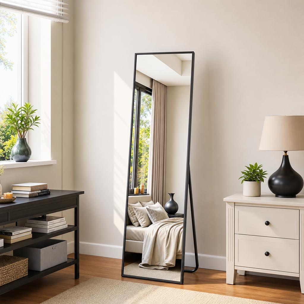 Suidia Full Length Mirror, 56"x14" Floor Standing Mirror Freestanding, Full Body Mirrors with Stand for Bedroom, Hanging Mounted for Living Room Cloakroom, Black, Rectangular Style