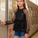 Girl Sequin Mesh Bloues Sparkle Ruffle Collar Long Sleeve Shirts Tops Black