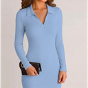 VICHYIE Women Lapel Neck Ribbed Bodycon Tight Fall Dress Long Sleeve Mid Thigh Pencil Above Knee Dresses (M, Blue)