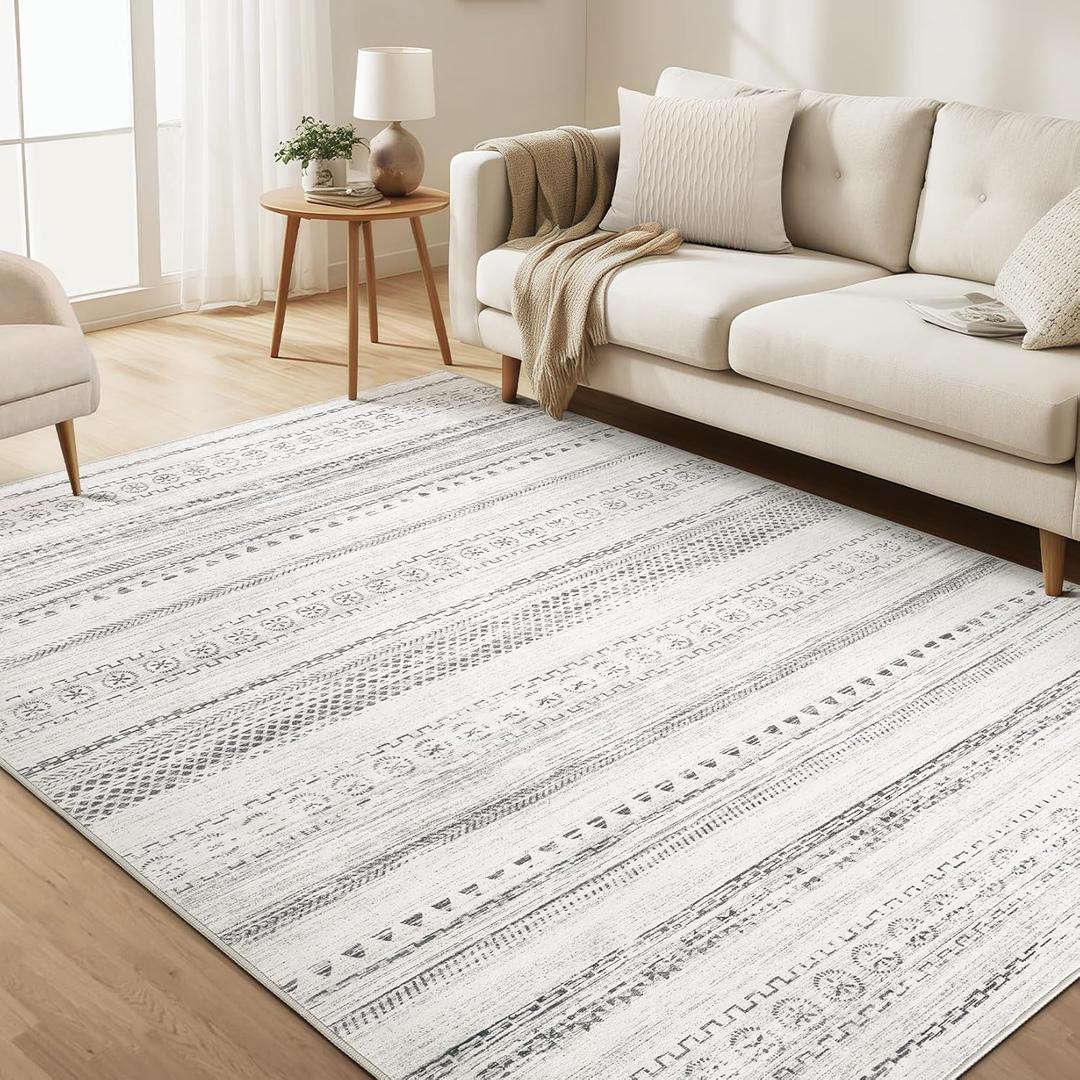 kakania 5x7 Washable Area Rug: Non Slip Soft Thin Carpet, Boho Geometric Modern Decor, Easy Clean Indoor Floor Rugs for Living Room Bedroom Kids Dorm Office Dining - Grey