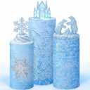 Set of 3 Wonderland Spandex Cylinder Stand Covers for Party, Snowflake Winter Cylinder Pedestal Covers, Dessert Tables Display for Birthday Tea Party Wedding Backdrop Decor(Blue, Snow)