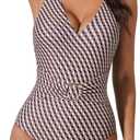 SUUKSESS Women Retro One Piece Swimsuit Metal Tummy Control V Neck Bathing Suit (Large, 167 Brown Black Color Block)