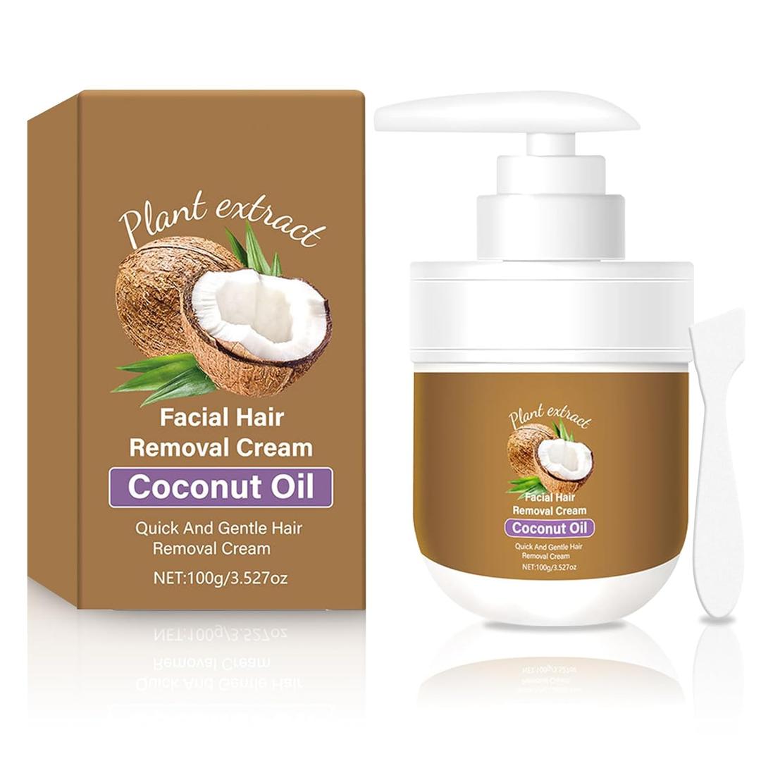 Coconut Oil Facial Hair Removal Cream for Women - Removes Hair From Chin, Upper Lip, Plant Extract, Mild and Non-Irritating (3.52oz)