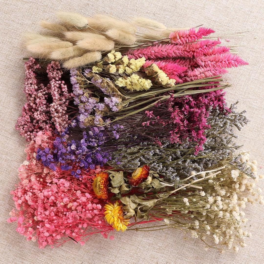 11 Kinds of Dried Flowers for Crafts Bulk DIY Natural Multi-color Dried Pampas Grass Lavender Forget Me Not Babys Breath with Stems Dry Flower Bouquets with Hemp Rope for Home Decor Floral Arrangement (Various Series)