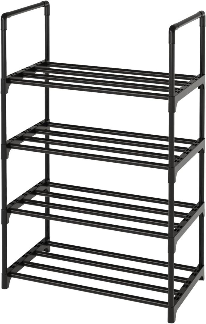 Metal Stackable Small Shoe Rack Organizer, Narrow Shoe Racks for Closets Entryway, Shoe Stand,Shoe Shelf with Handle(4-Tier-Black)