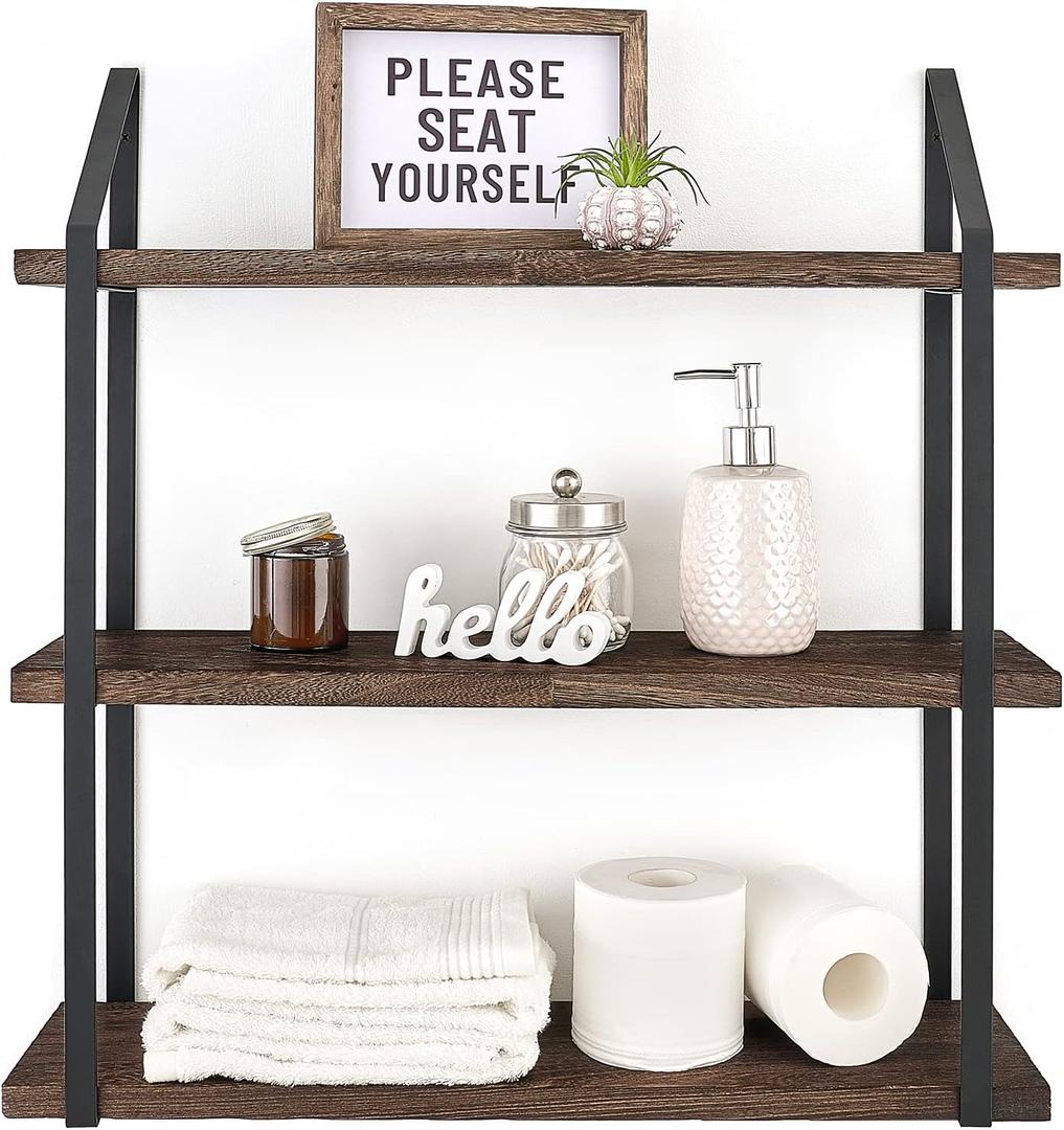 Mkono Floating Wall Shelf 3 Tier 23.5 Inch Rustic Wood Hanging Book Shelf Bathroom Mounted Shelving Storage Display Shelves for Living Room Bedroom Kitchen Office (Brown)