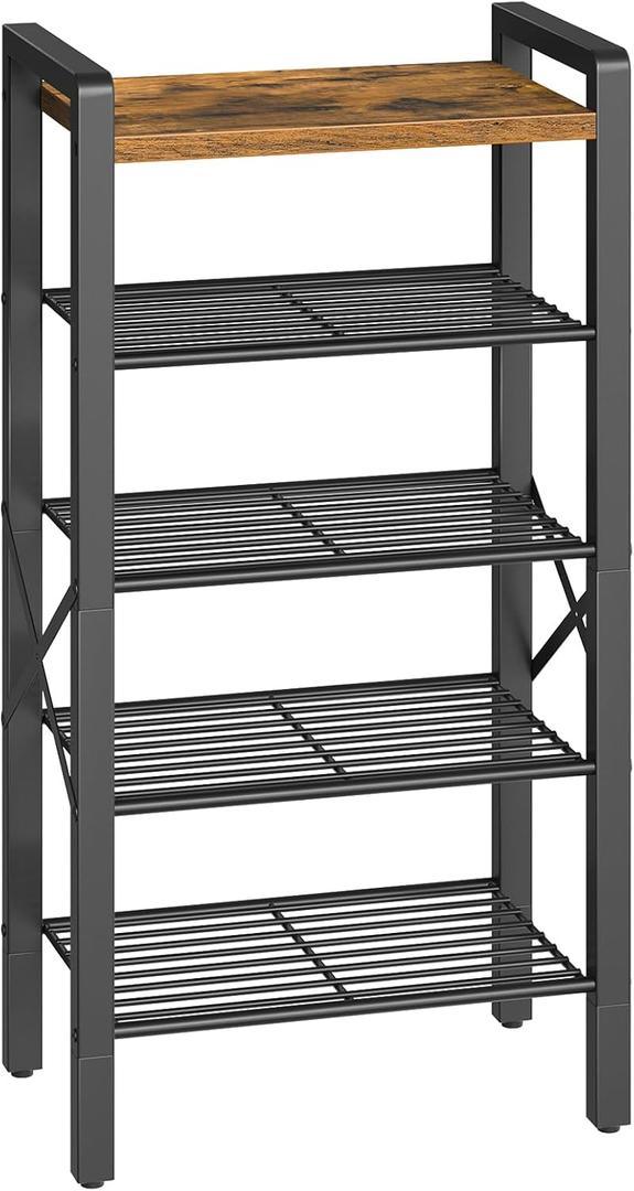 5-Tier Narrow Shoe Rack, Tall Shoe Rack for 5-10 Pairs, Slim Shoe Storage Organizer with Wooden Top, Space Saving, Metal Frame, for Entryway, Rustic Brown and Black SS65BR (16.5" x 10.4" x 33.4")