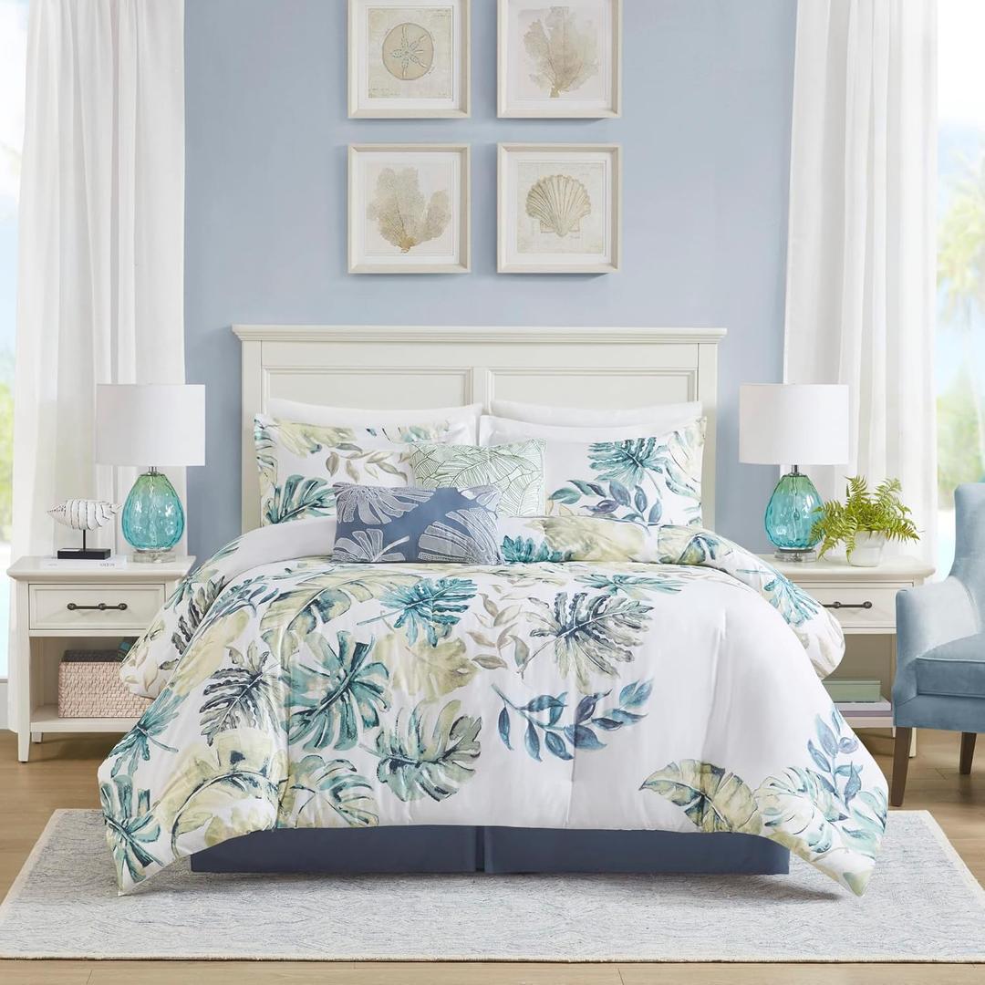 Harbor House Cozy Cotton Comforter Set - Coastal, All Season Down Alternative Casual Bedding with Matching Shams, Decorative Pillows, Lorelai, Monstera Leaf Green King(110"x96") 6 Piece