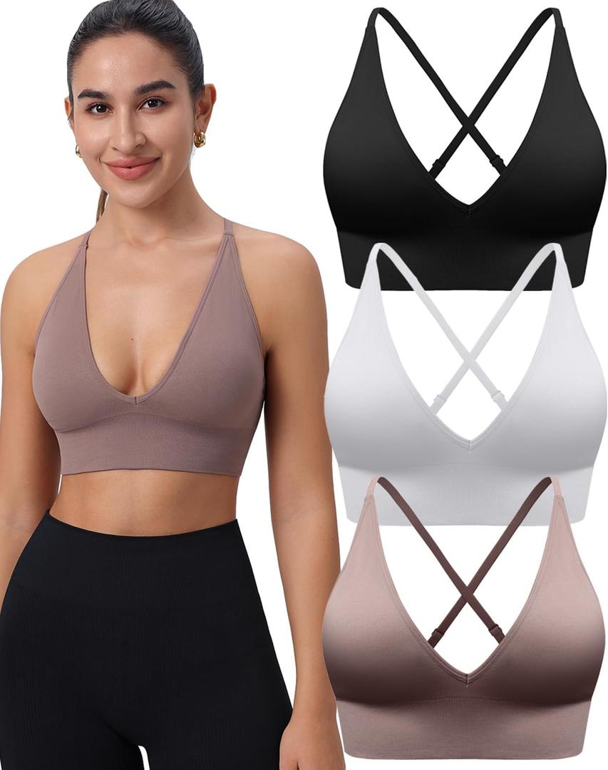 Evercute Women's Sports Bras 3/4 Pack Adjustable Deep V Neck Bras Wireless Spaghetti Strap Criss Cross Padded Low Support Bra (Medium, Black White Brown 3 Pack)