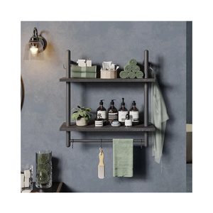 Bestier Floating Shelves Kitchen Shelves Wall Mounted 24" 2 Tier Ladder Shelves with Tower Bar, Wall Decor for Bathroom, Bedroom, Living Room, Coffee bar & Balcony - Charcoal Black