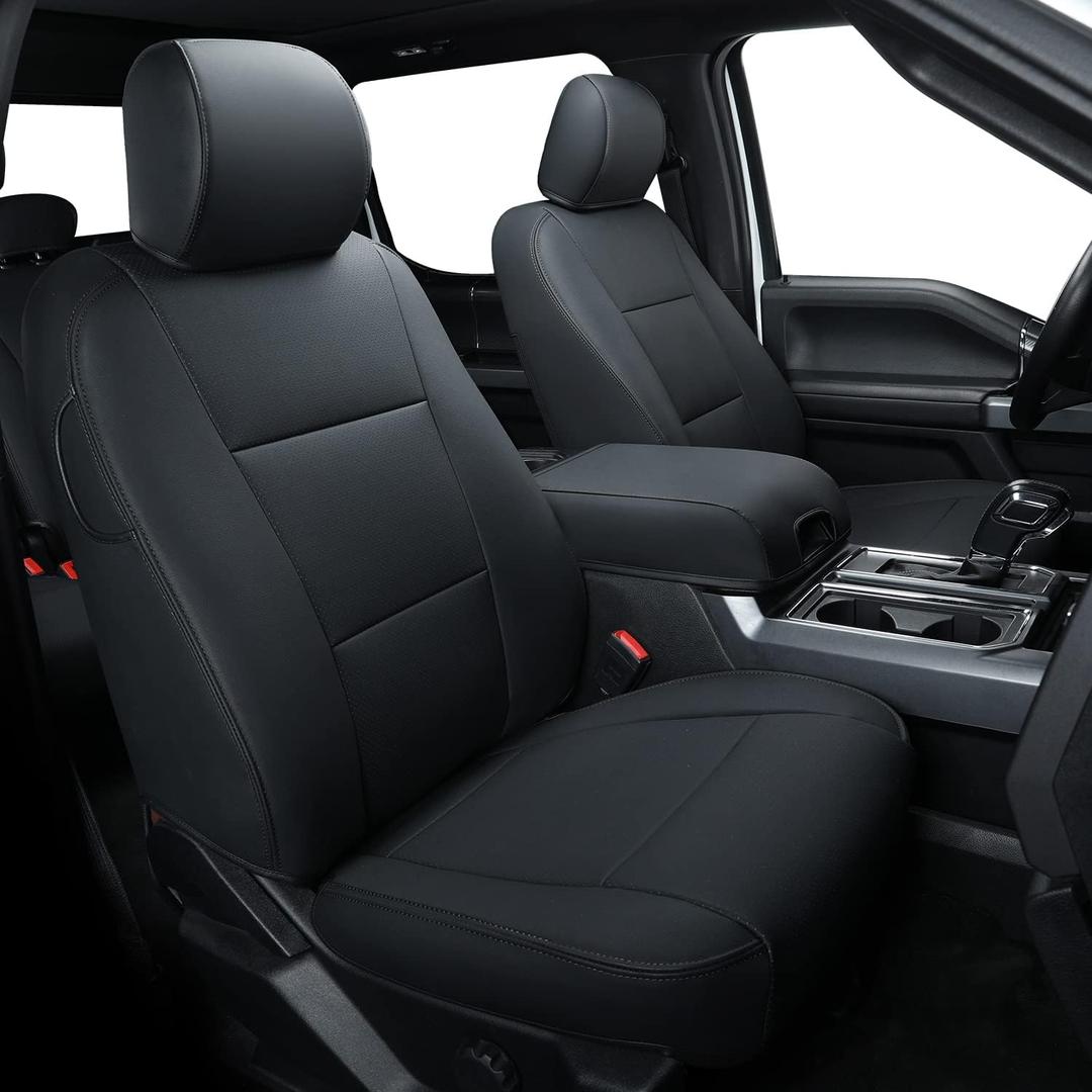 Covertopia F150 Faux Leather Seat Covers, Custom fit 2015-2024 2025 Ford F150 SuperCrew, and 2017-2024 2025 F250 F350 F450 Super Duty Crew Cab(Full Set, Black)