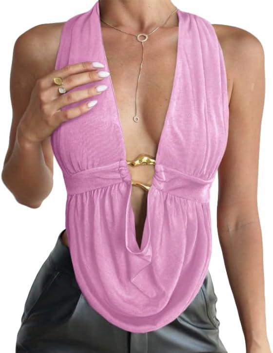 QJQ Women's Sexy Backless Open Back Tops Halter Deep V Neck Sleeveless Vest Tank Tops Going Out Party Clubwear (Light Pinke)