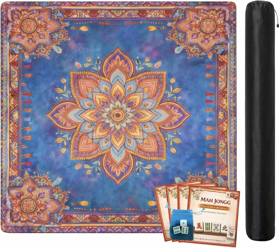 Mahjong Table Mat, 31.5 x 31.5 Inch Waterproof Game Surface, Non-Slip Rubber Backing, 3mm Noise-Dampening Pad, Carry Bag, 4 Unofficial Rules Guides and 3 Dice for American Mahjong
