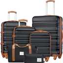 LONG VACATION 6 Piece Luggage Set Carry on Suitcase with ABS+PC hardshell, Spinner Wheels & YKK Zipper TSA Lock (BLACK-BROWN, 6 Piece Set)