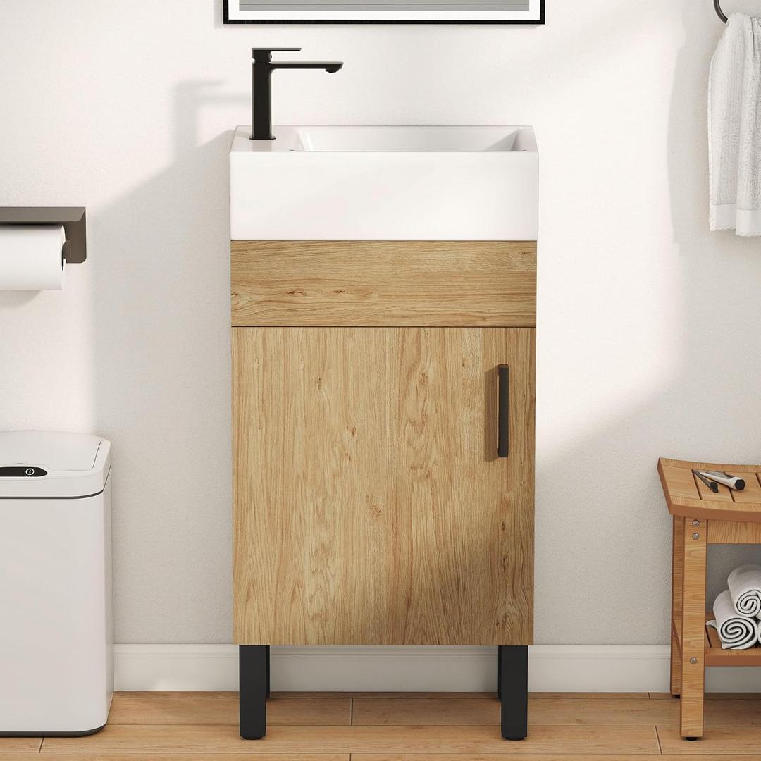 YITAHOME 16 Inch Bathroom Vanity with Sink, Bathroom Cabinet Vanity for Small Space, Freestanding Storage Bathroom Vanity with 1 Soft Closing Cabinet, Natural Brown