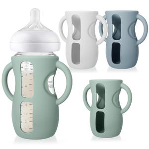 Juome Silicone Sleeves with Handles for Avent Natural Glass Baby Bottle - 3 Pack Anti Breakage Baby Bottles Holder, Compatible with Philips Avent Anti Colic Baby Bottles 8 oz (green+blue+white)