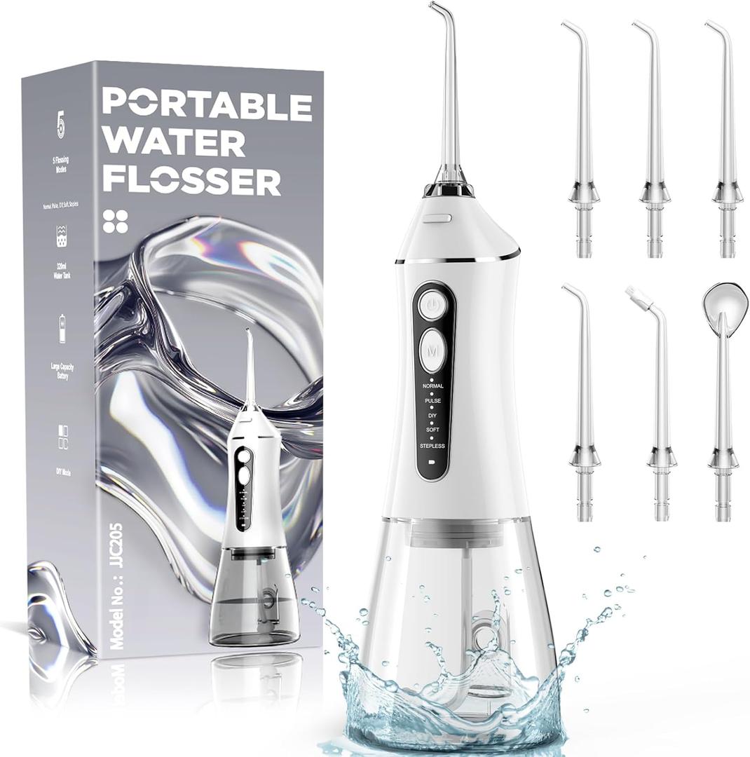Water Flosser for Teeth Cleaning and Flossing, 5 Modes Rechargeable Cordless Oral Irrigator 320ml Water Tank Teeth Cleaner, IPX7 Waterproof Portable Electric Dentel Flossers for Home and Travel,White