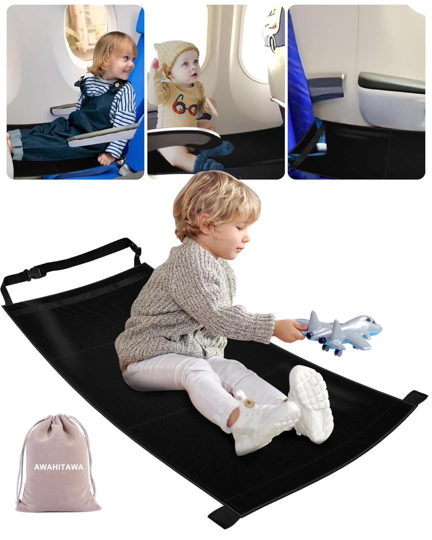 Toddler Travel Bed, Airplane Travel Seat Essentials Kids, Portable Toddler Bed, Baby Airplane Travel Cot Accessories, Airplane Must Haves for Toddlers (Black)