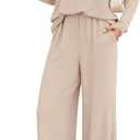 KIRUNDO Spring 2 Piece Lounge Sets for Women Long Sleeve Ribbed Knit Tops Wide Leg Pants Matching Travel Outfits Postpartum (Small, Beige)