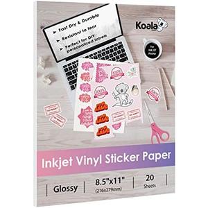 Koala Printable Vinyl Sticker Paper for Inkjet Printers - 20 Sheets Glossy White Water-Resistant Adhesive Label Paper - 8.5x11 Inch, Tear-Resistant, Removable