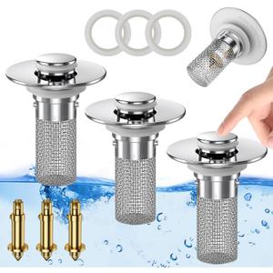 Sink Stopper Hair Catcher, Pop-up Sink Drain Strainer with Removable Stainless Steel Strainer Basket Hair Catcher, Bathroom Sink Strainer for Bathroom Sink Stopper Replacement, (3PCS)