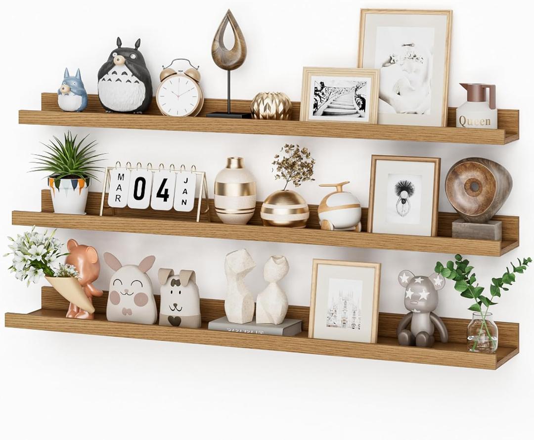 Heimlove 36 Inch Picture Ledge Shelf with Lip,Floating Shelves for Wall Set of 3,Long Wall Shelves in Varying Depths for Living Room,Bedroom,Nursery,Bookshelf - Natural Oak