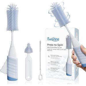 Baby Bottle Brush Set, Innovative Efficient Press-to-Spin Brush Cleaner - Includes Silicone Bottle Brush, Nipple Brush, Straw Cleaner - Spinning Generates Rich Foam for Deep Cleaning, Blue