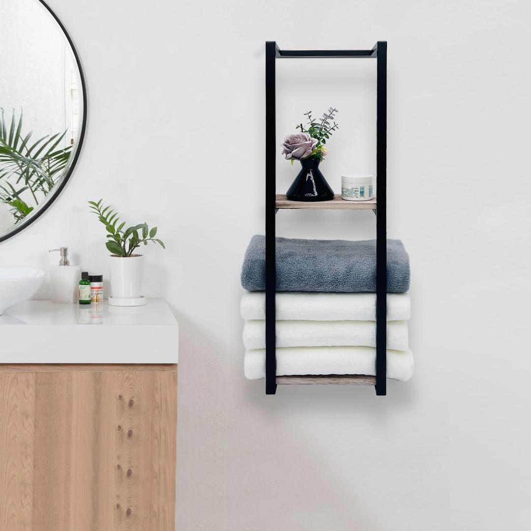 Towel Rack for Rolled Towels, Bathroom Towel Storage Rack,Square Towel Rack for Bathroom,2 Tier Wall Mounted Metal Towel Holder, Bathroom Organizer for Modern Small Space Bathroom Color Black