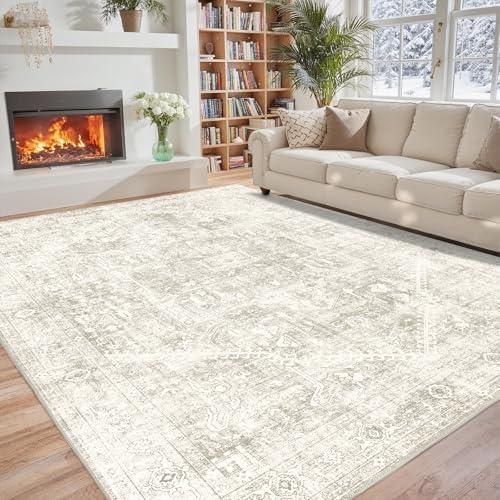 MATIIUI Washable 5x7 Area Rug - Cream Beige Rugs for Living Room, Boho Vintage Low Pile Carpet, Soft, Durable, Foldable Non-Slip Indoor Rugs for Bedroom, Dining Room, Dorm, Coffee Table Under,