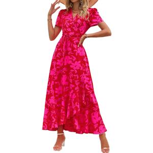 PRETTYGARDEN Women's Summer Wrap Maxi Dress Casual Boho Floral V Neck Short Sleeve Ruffle Hem Split Beach Long Dresses (Red Floral, X-Large)