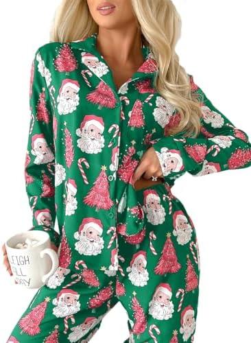 Whrounnk Womens Christmas Santa Pajama Set Long Sleeve Sleepwear Soft Loungewear 2 Piece Button Down Pjs Lounge Set Large