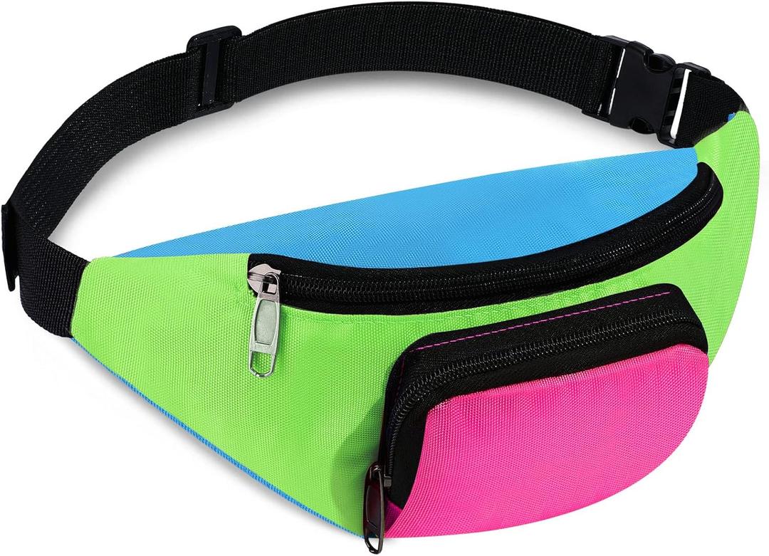 Xuniea 80s Retro Neon Fanny Pack 2 Pockets Belt Bags 90s Costumes for Women Men Waist Packs for Holiday Festival 80s Theme Halloween Party(Blue Bottom)