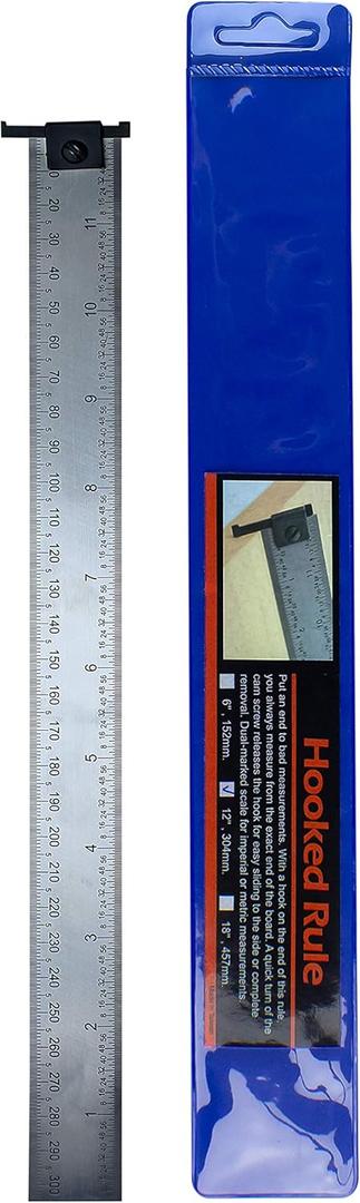 TOFL 12 Inch Hooked Ruler Double Sided Standard and Metric Measurements