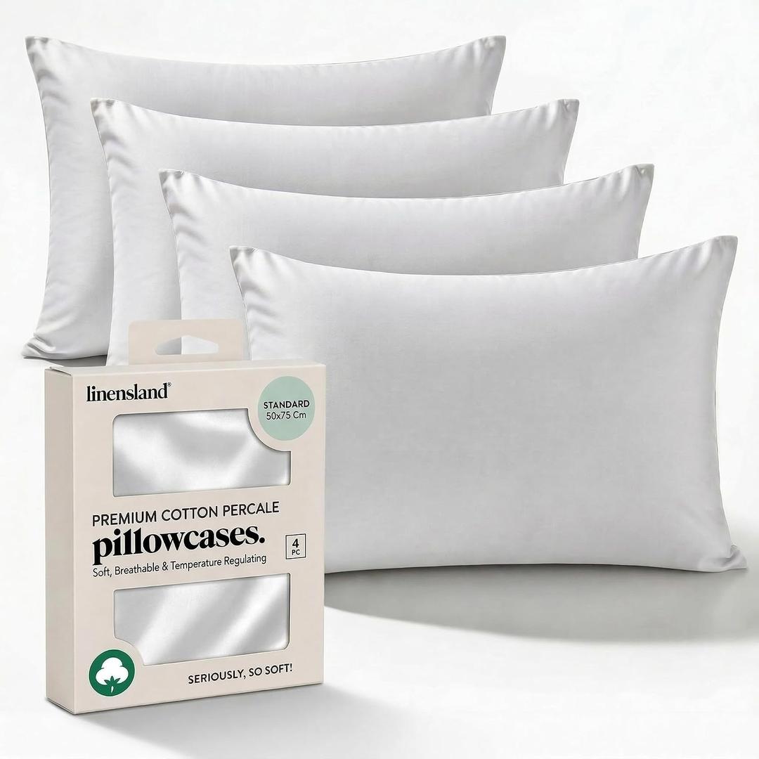 linensland® Pillowcases Set of 4 – White 100% Cotton Percale – Soft & Breathable Pillow Covers – Cotton with Envelope Closure – 20" x 30" Standard/Queen
