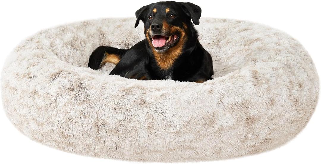 Furhaven 45" Round Calming Donut Dog Bed for Large Dogs, Refillable w/Removable Washable Cover, for Dogs Up to 90 lbs - Shaggy Plush Long Faux Fur Donut Bed - Driftwood Brown, Jumbo/XL