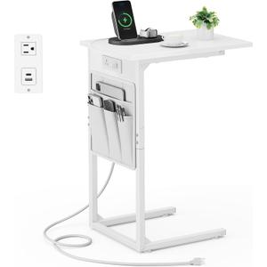 Vagusicc C Shaped End Table with Charging Station, Small Side Table for Couch, Couch Side Tables C Table, Slide Under Sofa Recliner Table TV Tray Arm Tables for Living Room, Bedroom, Bedside, White