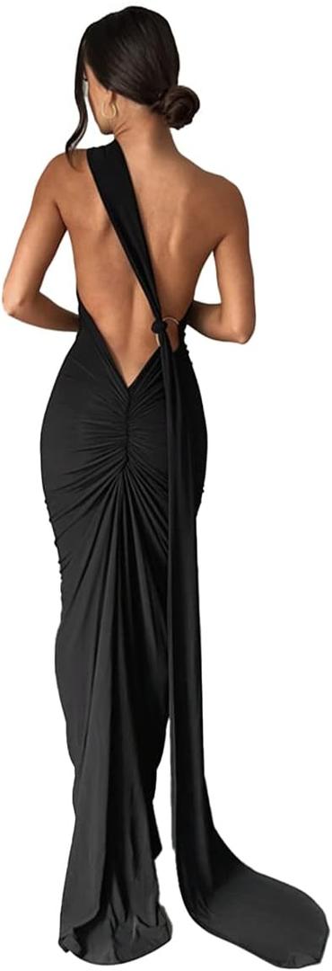 ABYOVRT Women Sexy Backless Dress Bodycon Sleeveless Open Back Maxi Dress Formal Cocktail Wedding Guest (Black, Small)