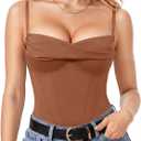 Popilush Corset Bodysuit for Women Tummy Control Thong Shapewear Bodysuits Cowl Neck Going Out Tops Brown, L