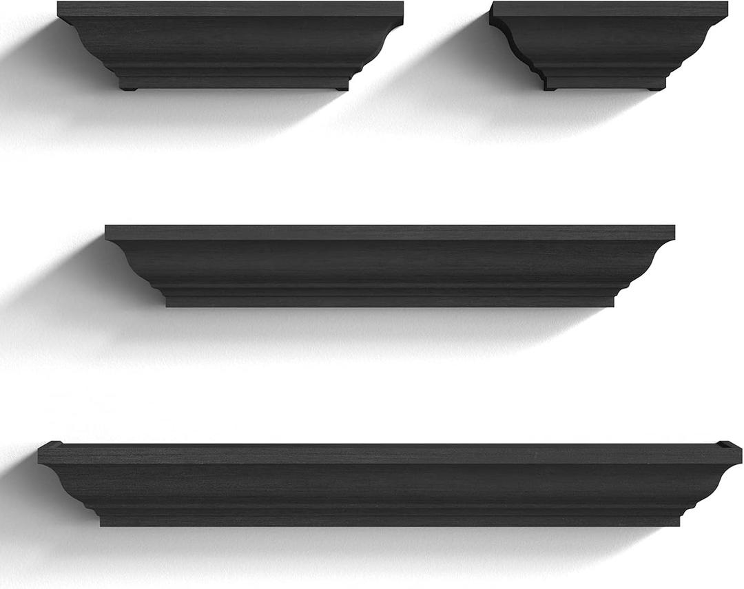 SRIWATANA Black Floating Shelves, Solid Wood Storage Wall Shelves Set of 4 Display Ledge Shelves Decor for Bedroom, Living Room, Bathroom, Kitchen - Black, L: 8/ 12/ 20/ 24In X W: 4In X H: 3In