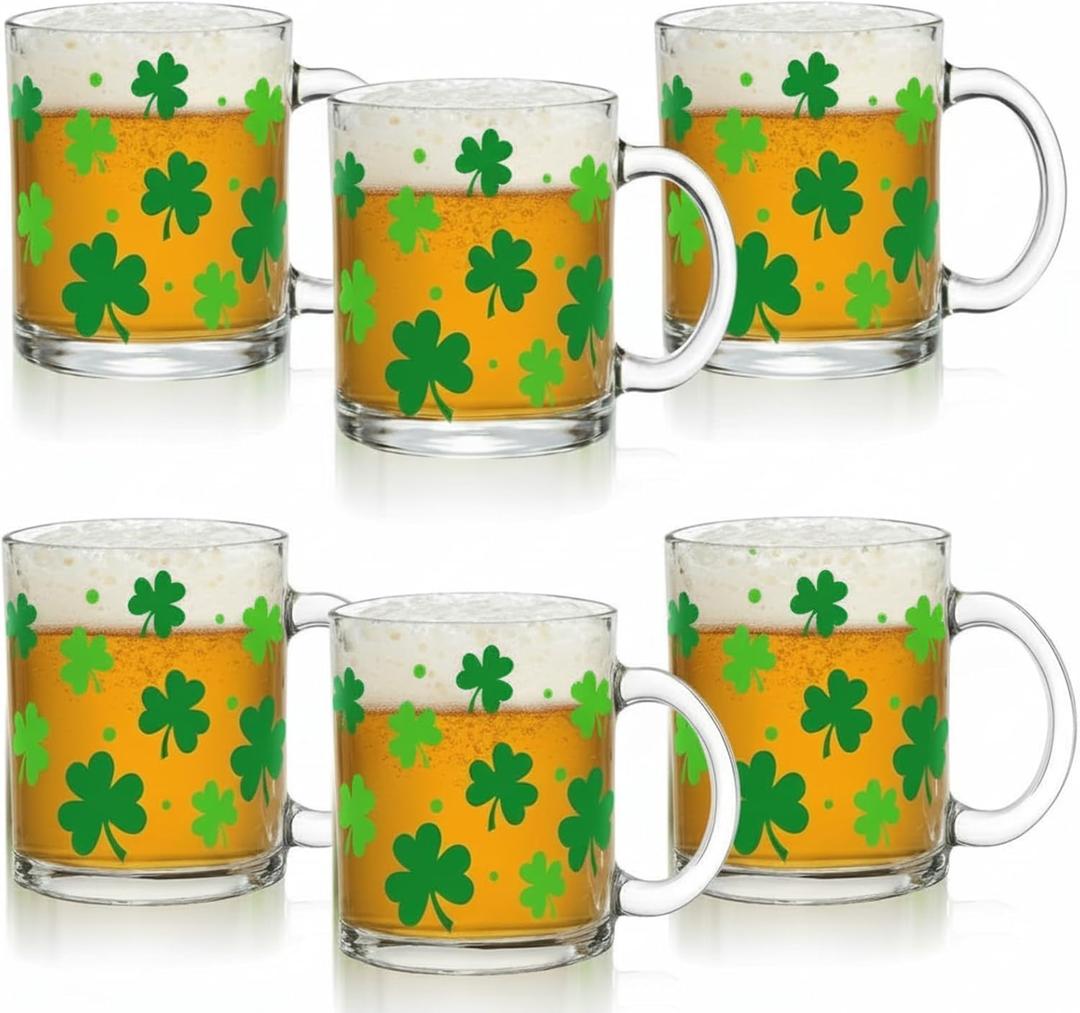 Maxcheck 6 Pack 12 oz St. Patrick's Day Shamrock Coffee Mugs Glass Cups Green Clover Gifts Bulk Clear Drinking Wine Glasses with Handle for Irish Party Supplies Decorations