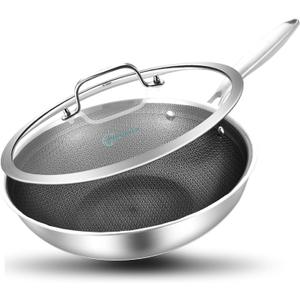 LOLYKITCH Hybrid 10 Inch Tri-Ply Stainless Steel Wok Pan with Lid,Ceramic Non Stick Stir Fry Pan,Induction Cooking Pan,Dishwasher and Oven Safe,Riveted Handle