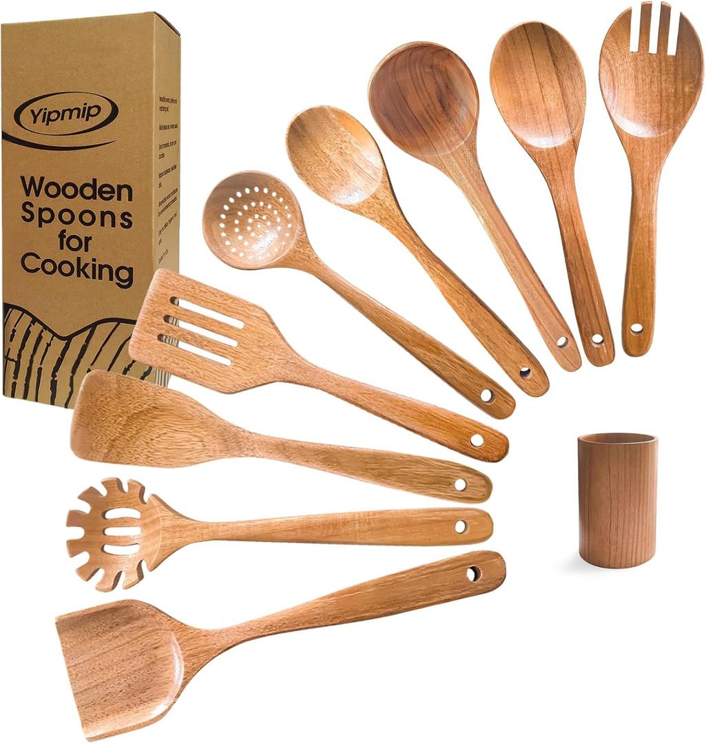 Natural 10-Piece Acacia Wooden Utensil Set, Exquisite Comfort Grip Wooden Spoons for Cooking with Utensils Holder