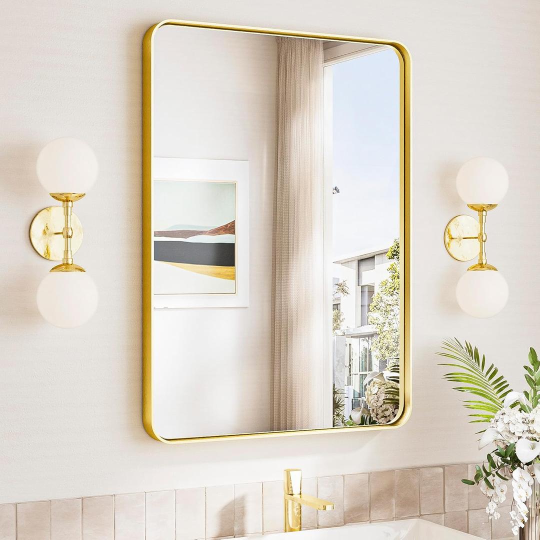 TokeShimi Gold Bathroom Mirror 22x30,HD Tempered Glass,Brushed Gold Bathroom Vanity Mirror for Over Sink,Aluminum Framed Mirror Wall(Horizontal/Vertical)