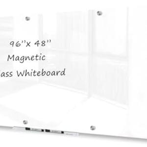 J&J worldwide Magnetic Glass Whiteboard 96x48 Inch Ultra White, Frameless Tempered Glass Dry Erase Board Wall Mounted Includes Markers, Eraser, Magnets, Mounting Kit for Office Home& School