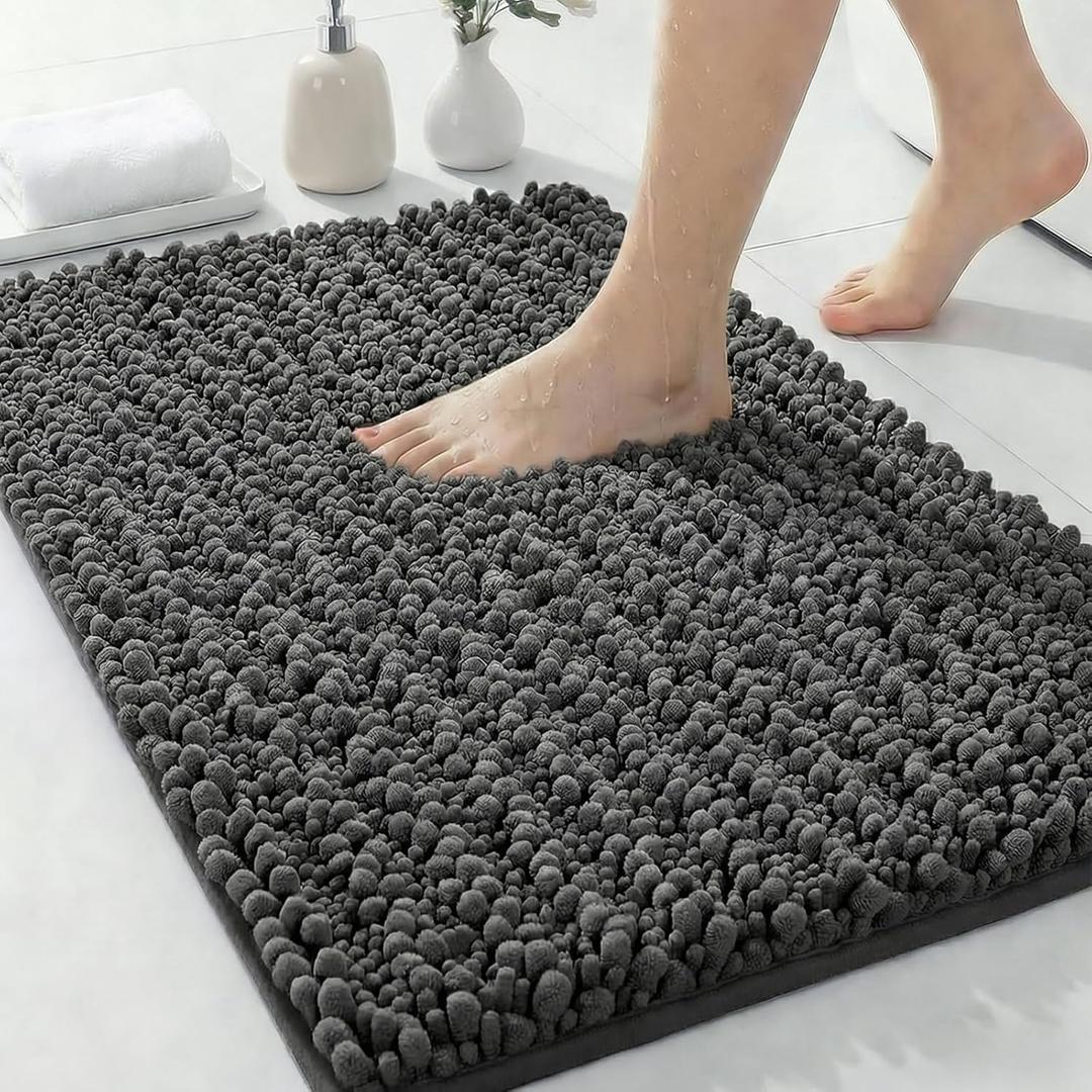 ILANGO Bathroom Rugs Dark Grey 32x20,Extra Soft Absorbent Chenille Bath Rugs,Thick Non-Slip Shaggy Bath Mat,Machine Washable Quick Dry Bath Mats for Bathroom Floor, Tub, Shower Accessories