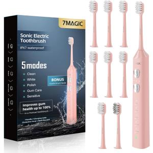 7MAGIC Sonic Electric Toothbrush for Adults and Kids - Up to 180 Days Runtime, 42000 VPM Powered Toothbrush, 5 Modes & 3 Intensities for Sensitive Teeth & Braces, Includes 8 Brush Heads, Pink