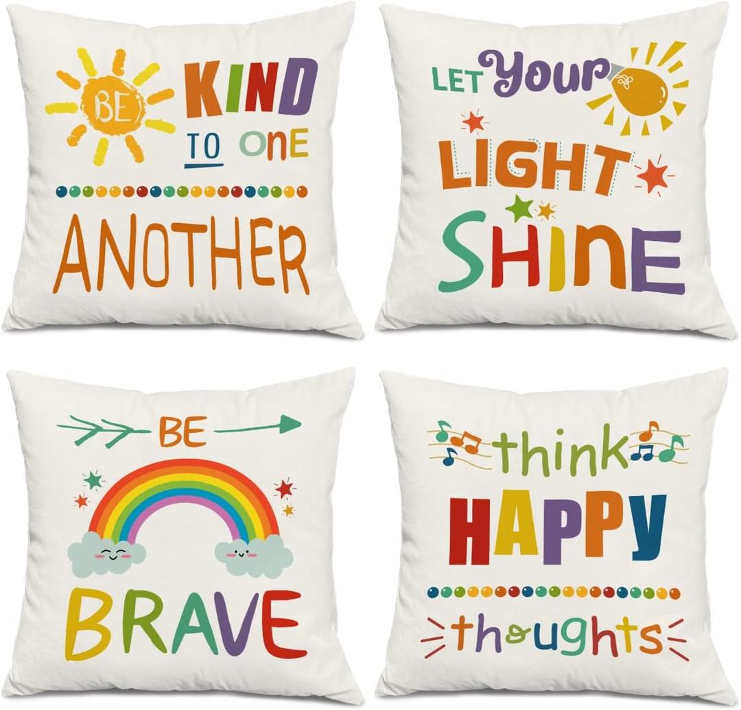 Colourful Words Inspirational Quotes Rainbow Sun Be Kind Brave Happy Sunshine Decorative Classroom Throw Pillow Cover Cushion Case for Kids Gifts,Home Sofa Bed Playroom Decor 18 x18 Inch Set Of 4