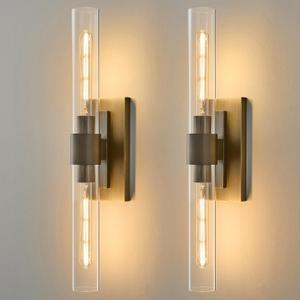Linear Brass Bathroom Wall Sconce - Luxury Antique Brushed Gold Sconces Set of 2 - Dimmable Vanity Lights Fixture with Clear Glass Tube - Modern Lighting for Bedroom Living Room Hallway Indoor Decor, 2 Pack