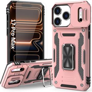 Phone Case Compatible with iPhone 17 Pro Max Case With Slide Camera Lens Cover & HD Screen Protector & Kickstand, Dual-Layer Shockproof Military-Grade Drop Protection, for 17 ProMax (Rose Gold)